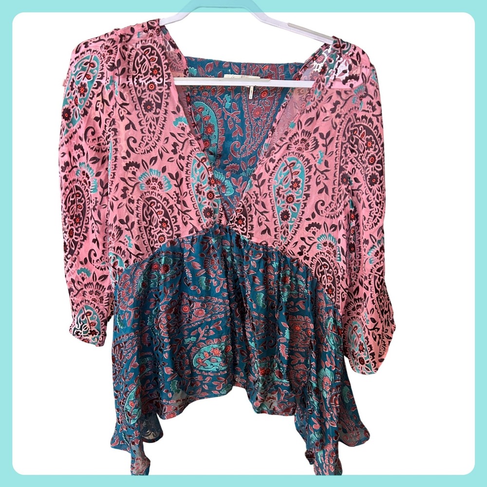 Floret Pink Teal Silk Paisley Print V Neck Long Sleeves Boho Blouse‎ Top